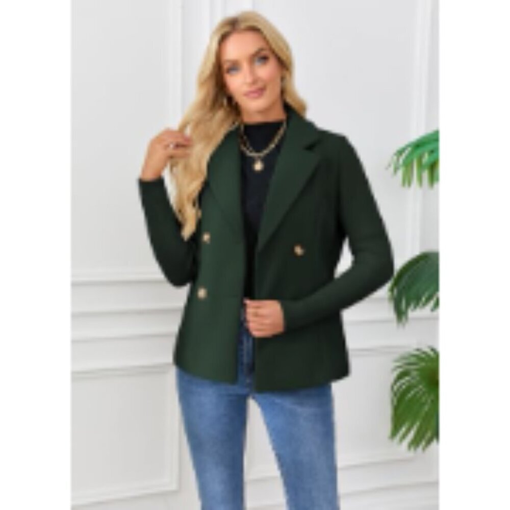 Double Breasted Wool Pea Coat Notched Lapel Ribbed Knit Sleeves Blazer - Picture 2 of 7